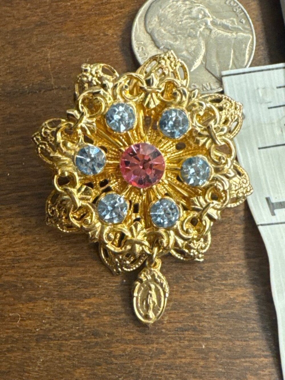 Gold Tone Filigree Brooch Pink Blue Rhinestones Miraculous Medal Virgin Mary